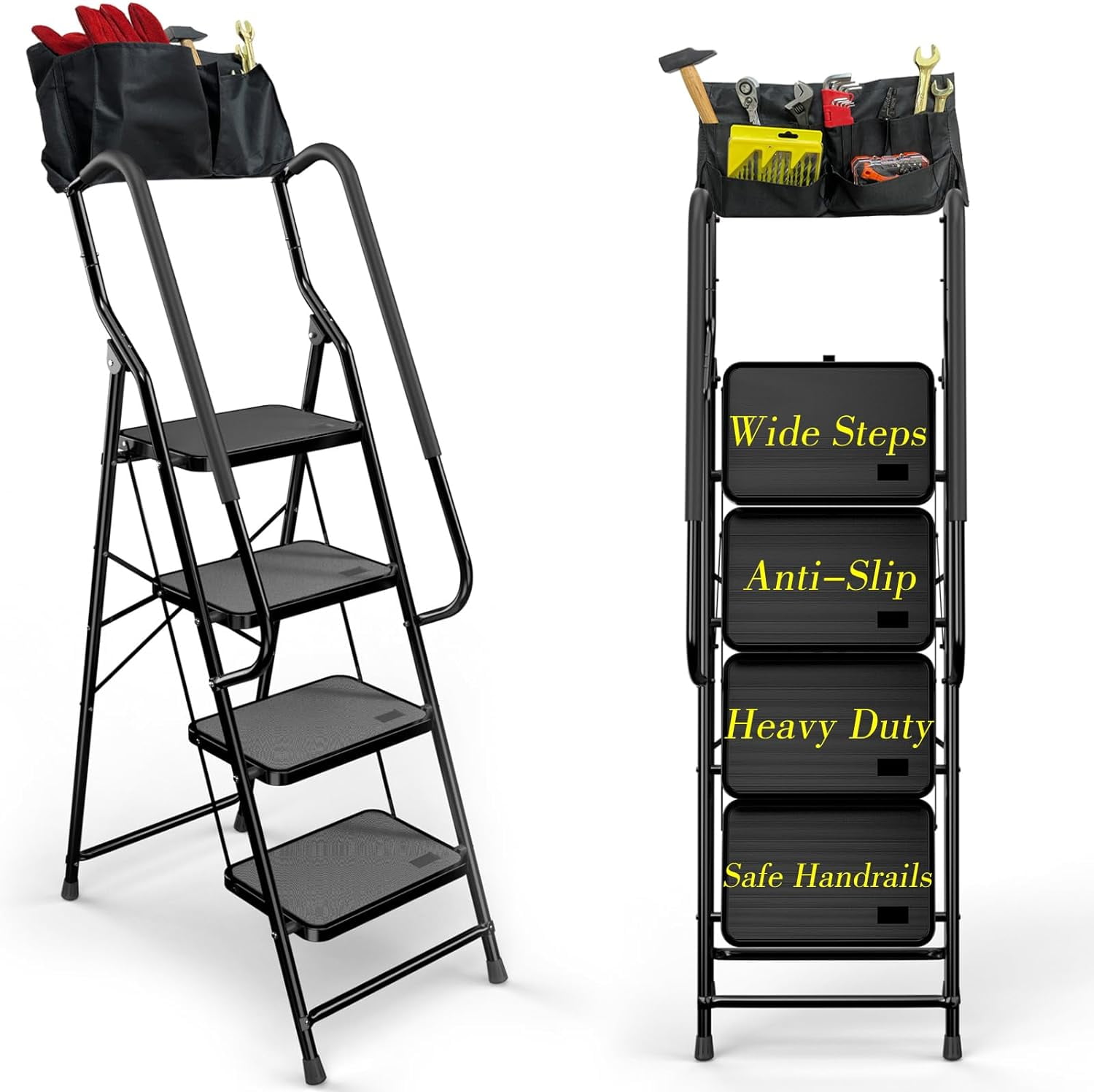 Heavy Duty 4 Step Ladder with Handrails, Folding Step Ladder with
