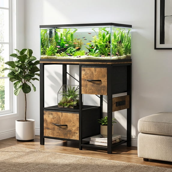 Heavy Duty 4-Tier Aquarium Stand with Power Outlets, Metal & Wood Rack for 20-37 Gallon Fish Tanks with Open Storage Shelves & Drawers, Black/Brown