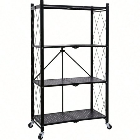 Heavy Duty 4-Tier Foldable Metal Rack, 28.1" D x 18.5" W x 49.61" H Storage Shelving Unit with Wheels Moving Organizer Shelves for Garage Kitchen, Black