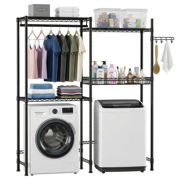 Heavy Duty 4 Tier Laundry Rack, Over Washer Dryer Shelf with Wire Basket - Black