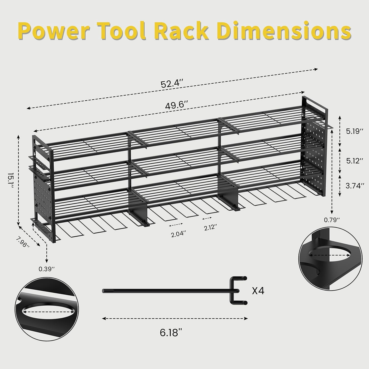 Heavy Duty 4-Tier Power Tool Organizer Wall Mount with 12 Drills Holder, Pegboard Panels, 4 Hooks, Large Battery Holder