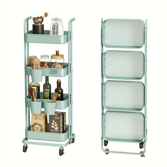 Heavy Duty 4 Tier Storage Cart, 48.66" Tall, Ideal for Kitchen, Bathroom, Bedroom Storage, Foldable, Lots Of Space, with Lockable Wheels 6 Hooks And 3 Hanging Cups, Grey, Utility Racks