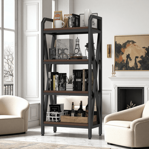 Heavy Duty 4-Tier Storage Shelves with Adjustable Leveling Feet, 960 lbs Capacity - Multi-Space Shelving for Garage, Pantry & Bathroom - Black/Brown Slim Vertical Design