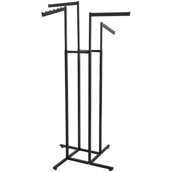 Heavy Duty 4 Way Clothing Rack, Clothing Display Rack with Adjustable Height, Retail Clothing Rack Display with 2 Straight Arms & 2 Slanted Arms for Clothing Stores (Black)