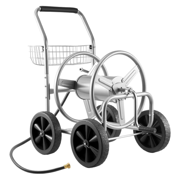 Heavy Duty 4 Wheel Garden Hose Reel Cart with Storage Basket Holds 300 ft of 5/8 Inch Hose for Yard Lawn Outdoor Planting