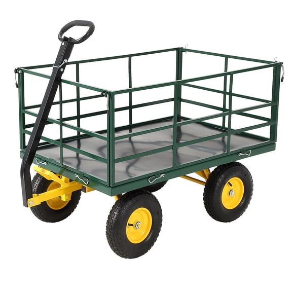 Heavy Duty 4-in-1 Steel Garden Dump Cart – 1400 lbs Utility Yard Wagon Trailer – Removable Mesh Sides – 13-Inch Wheels – Ideal for Gardening, Soil, Tools & Plant Transport