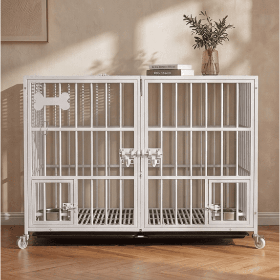 Heavy Duty 42 Inch Metal Dog Crate Cage, Open Top Escape Proof Kennel with Divider, Indoor Dog Cage on Wheels for Large Dog Two Dogs, Includes 2 Trays and Feeding Bowl
