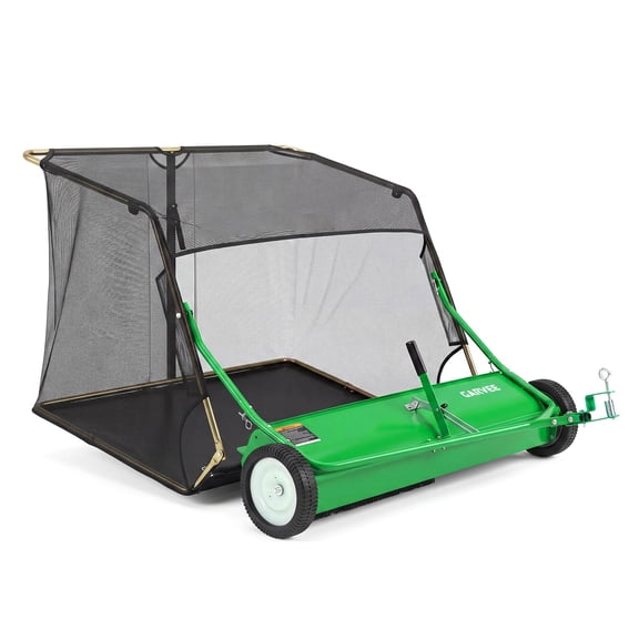 Heavy-Duty 42 Inch Tow-Behind Lawn Sweeper, 14 cu ft High-Grass Catcher Leaf and Grass Collector Bag, Carbon Steel Debris Sweeper for Riding Mower and ATV, Includes Gloves, Green
