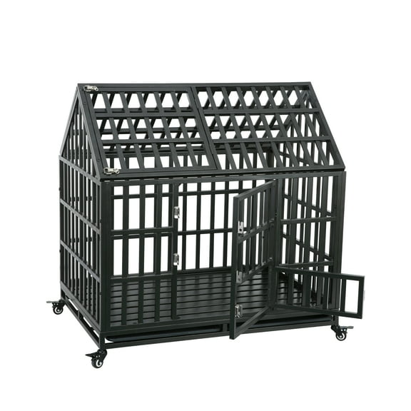 Heavy Duty 43" Dog Crate, Indestructible Dog Crate Kennels for Medium Large Dogs with Top Door and 4 Lockable Wheels, So Easy to Assemble, Black