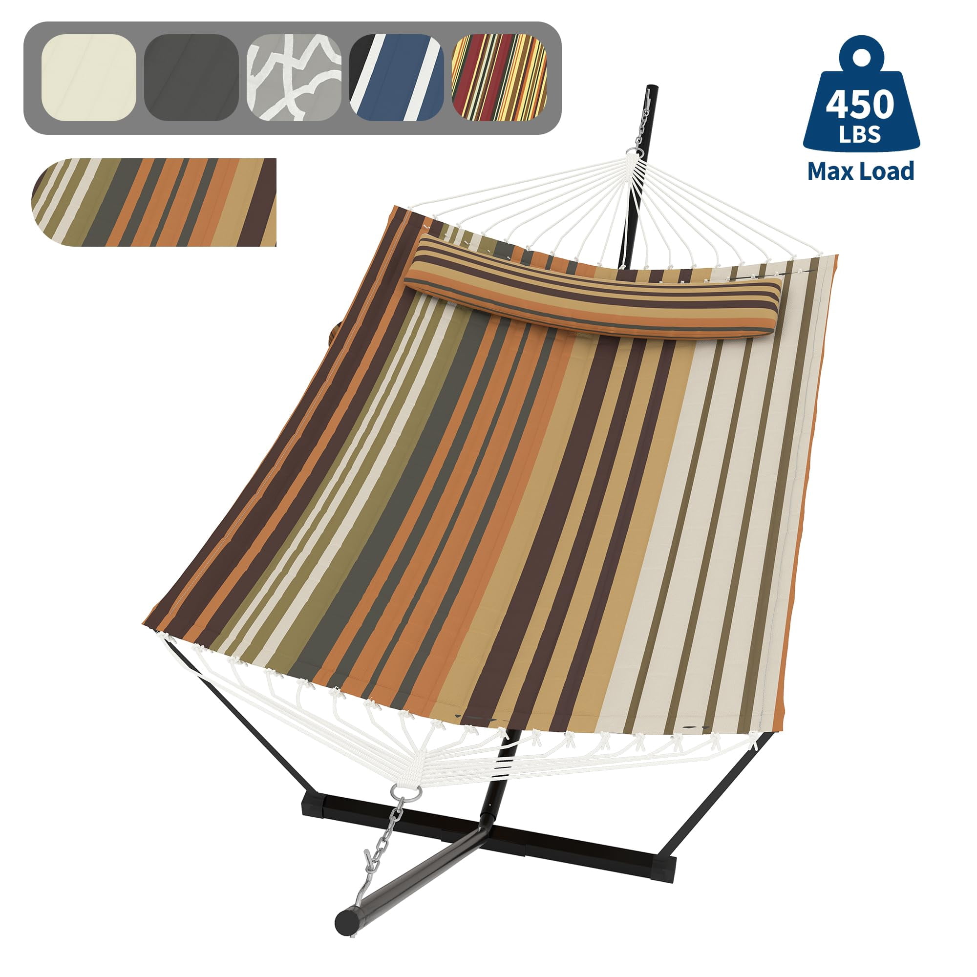 Heavy Duty 450 LBS Double Hammock with Stand & Pillow - 2 Person Outdoor Hammock with Balance Rope for Patio, Backyard, Poolside