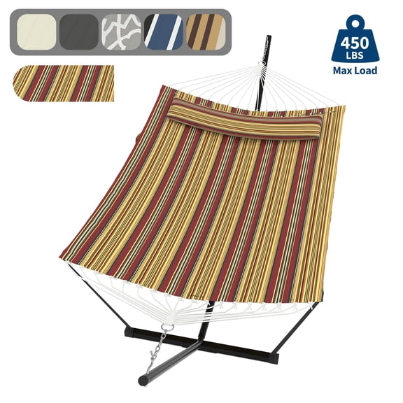 Heavy Duty 450 LBS Double Hammock with Stand & Pillow - 2 Person Outdoor Hammock with Balance Rope for Patio, Backyard, Poolside
