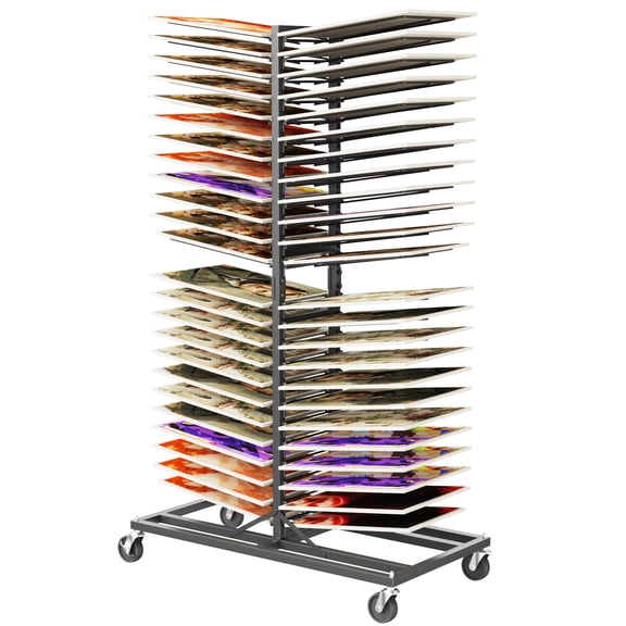 Heavy Duty 48-Shelf Art Drying Rack, Double-Sided Rolling Paint Drying Cart with Lockable Wheels, Large Canvas & Artwork Storage Organizer for Studio, Classroom & Print Shop, Black