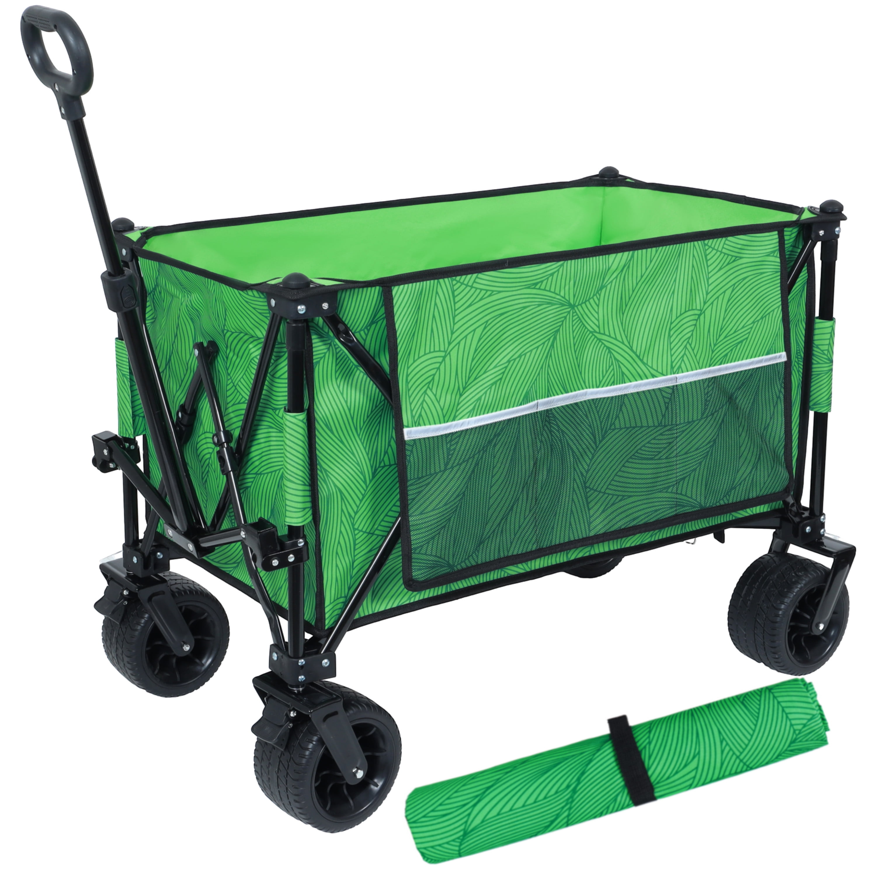 Heavy-Duty 480lbs Folding Wagon Cart with Bonus Picnic Mat - All-Terrain Beach Wheels, Drink Holders, Brakes & Side Pocket for Camping, Garden, Sports