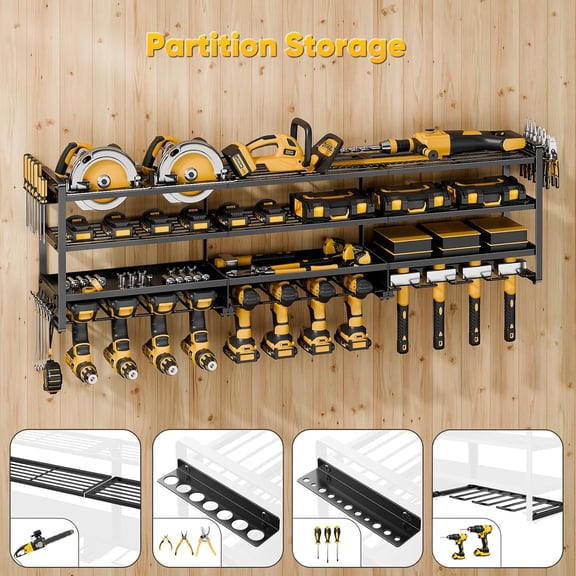 Heavy Duty 49" Power Tool Organizer Wall Mount – 4-Tier Garage Storage Rack Holds 600 lbs, 12 Drill Holders, Cordless Tool & Battery Shelf, Utility Racks for Workshop/Shed, Gift for Men