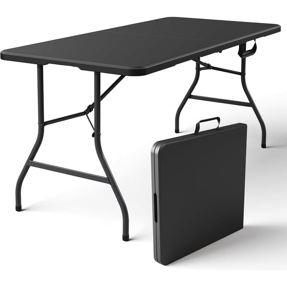 Heavy Duty 4FT Fold-in-Half Plastic Utility Table with Handle, Portable Foldable Table for Outdoor, Indoor, Events, Dining, Camping, Picnic, Party, Wedding, Brown
