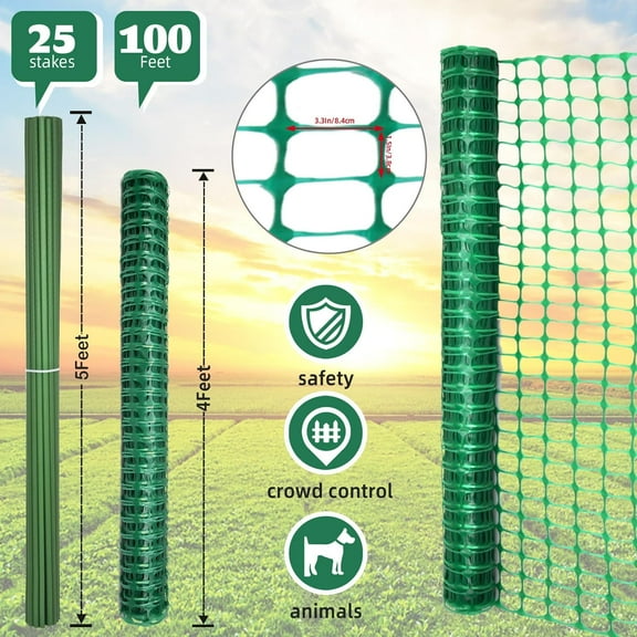 Heavy-Duty 4x100FT Plastic Garden Fence with Steel Posts - -Resistant Snow & Pool Barrier for Deer/Dogs/Rabbits/Poultry, Construction-Grade Temporary Fencing for , Backyard & Chicken Coop