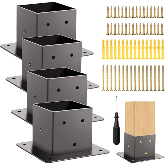 Heavy-Duty 4x4 Post Base Bracket, 4 Pcs 3.6"x3.6" Inner Size for Standard 4x4 Lumber, Solid Steel with Black Powder Coated - Deck Post Anchor, Pergola, Fence & Mailbox Mount Support (4)