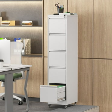 Heavy Duty 5 Drawer File Cabinet on Wheels Metal Storage for Home and Office Organization, White 64.17"H