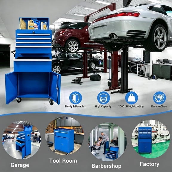 Heavy Duty 5-Drawer Lockable Rolling Tool Chest - 2-in-1 Detachable Metal Cabinet with Mobile Wheels, Portable Top Box, Protective Liner Organizer for Garage, Workshop, Workbench - Blue