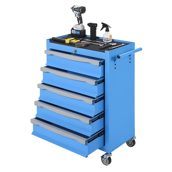 Heavy Duty 5-Drawer Rolling Tool Chest Cabinet with Lock, Liners & Mobile Storage for Garage 24.2*13.78*34 inch Blue