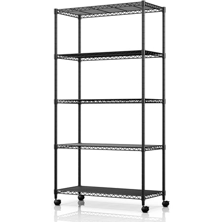 Heavy Duty 5-Shelf Storage Shelving Unit, 1250lbs Loading Capacity, 29.92" D x 13.98" W x 62.99" H Adjustable Steel Organizer Wire Rack, Black