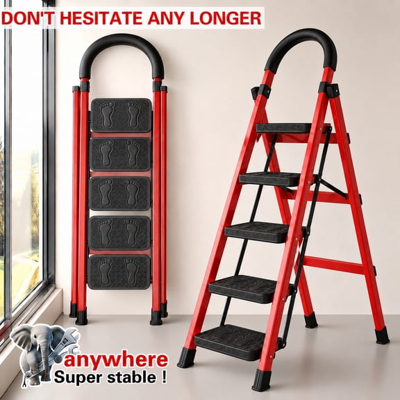 Heavy-Duty 5 Step Portable Folding Ladder, 500 Lbs Load Capacity, Durable Plastic Step Stool with Anti-Slip Pedals, Lightweight Easy to Carry for Household and Industrial Use