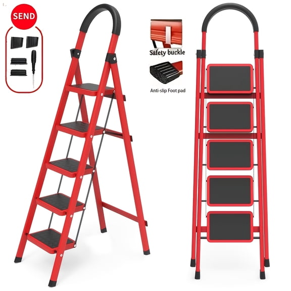 Heavy-Duty 5-Step Red Folding Ladder, 330Lbs Capacity, Durable Metal with Non-Slip Steps & Sturdy Handrails, Lightweight Portable Multi-Function Ladder for Home & Kitchen