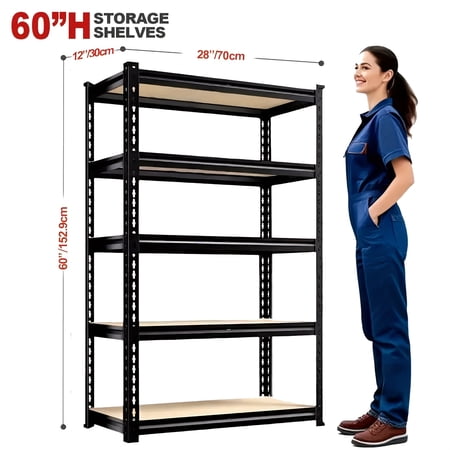Heavy-Duty 5-Tier Adjustable Metal Shelving Unit, 2000 LBS Capacity Commercial Storage Rack, 60"H×28"W×12"D for Garage, Warehouse & Basement