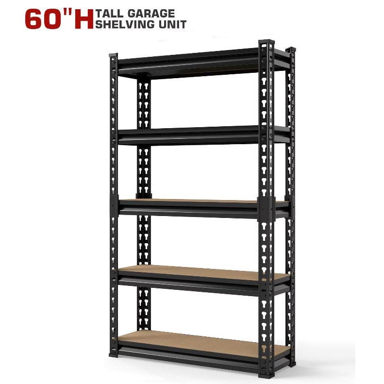 Heavy-Duty 5-Tier Adjustable Metal Shelving Unit, 60 Inch High, 2000 lbs Capacity (400 lbs/Shelf), Freestanding Black Garage Storage Rack, Easy Assembly for Basement, Pantry, Utility & Warehouse