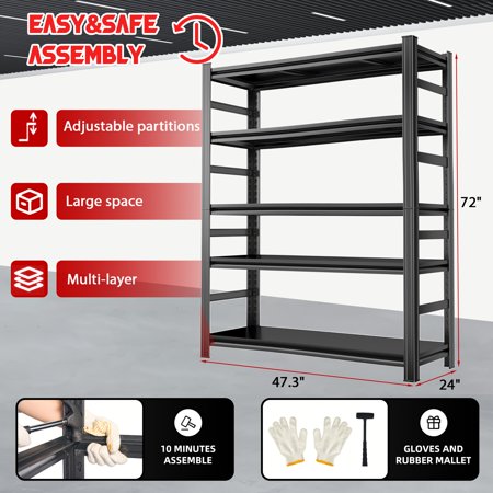 Heavy-Duty 5-Tier Adjustable Metal Storage Shelving Unit, 3050 LBS Capacity, 72"H x 48"W, Snap-Together Assembly, Garage Basement Warehouse Commercial Storage Rack