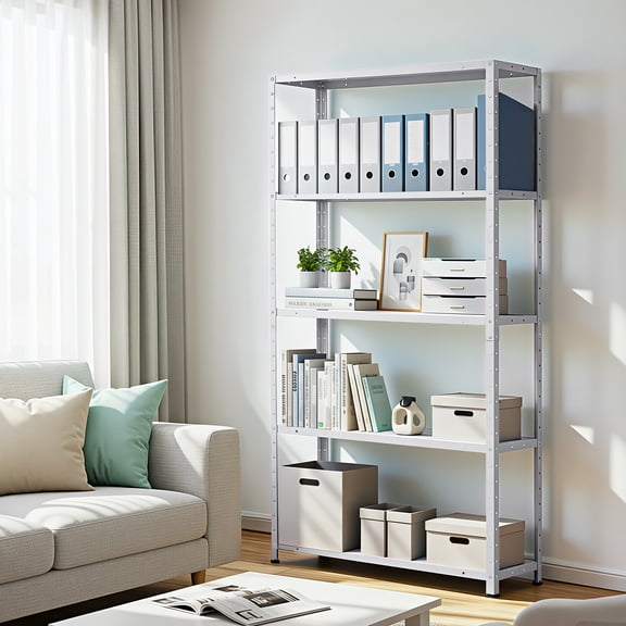 Heavy Duty 5-Tier Adjustable Steel Shelving Unit Metal Storage Rack for Garage, Pantry, Kitchen, Indoor Use Sturdy Utility Organizer 68''H x 35''W x 12''D White For USA Market