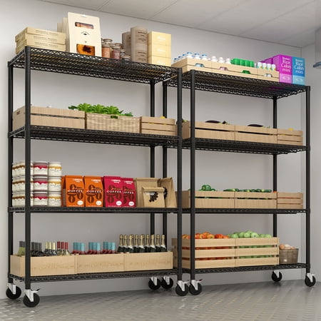 Heavy Duty 5-Tier Black Wire Shelving Unit with Wheels - 55.12"W x 23.62"D x 75.59"H - Commercial Grade Metal Storage Rack - Adjustable Garage, Pantry, or Office Shelves