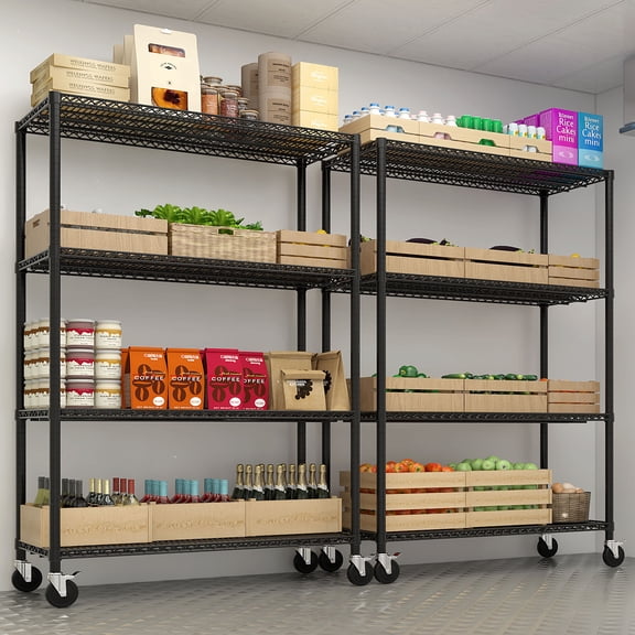 Heavy Duty 5-Tier Black Wire Shelving Unit with Wheels - 55.12"W x 23.62"D x 75.59"H - Commercial Grade Metal Storage Rack - Adjustable Garage, Pantry, or Office Shelves
