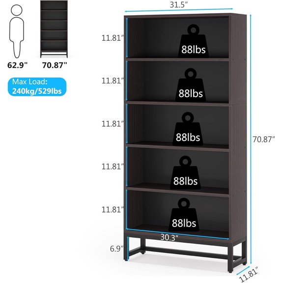 Heavy Duty 5-Tier Bookshelf 70.87" Tall Closed Back Bookcase with Anti-Dumping Kit Large Storage Display Shelf for Home Office Living Room Bedroom