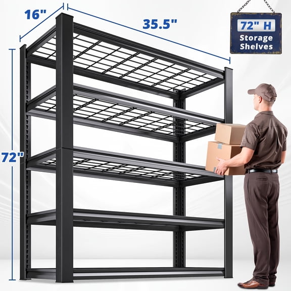 Heavy-Duty 5-Tier Industrial Shelving Unit - 3000LBS Capacity (600LBS/Level), 72" Tall Adjustable Carbon Steel Freestanding Rack, 10-Min No-Bolts Assembly, for Garage/Warehouse/Basement/OfficeStorage