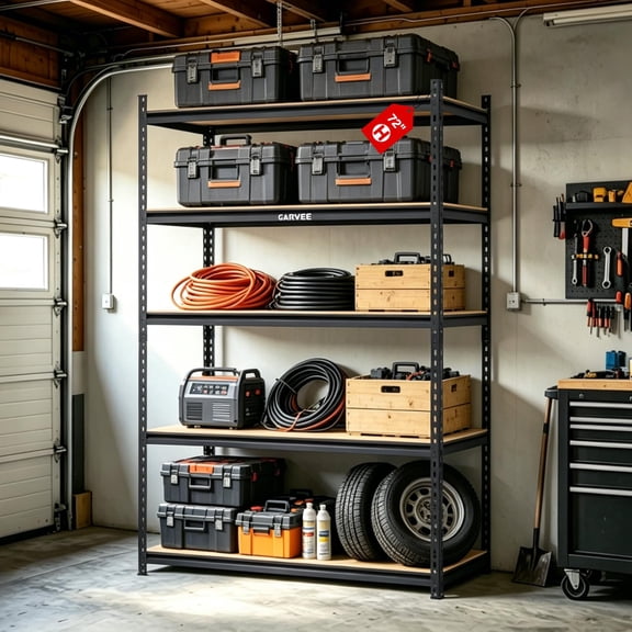 Heavy Duty 5-Tier Metal Garage Storage Rack – Adjustable Utility Shelving Unit with Sturdy MDF Wood Shelves – 2000 lbs Capacity – Ideal Tool Organizer for Kitchen, Pantry, Basement – 72" x 48" x 24"