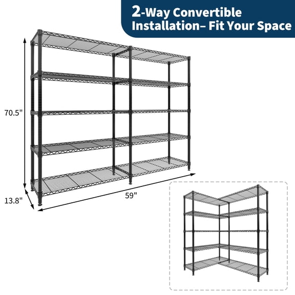 Heavy Duty 5-Tier Metal Wire Storage Rack for Food Service - Adjustable L-Shaped Industrial Shelving, 1325 lbs Capacity, Commercial Kitchen, Pantry, Garage, 59"W x 13.8"D x 70.5"H - 5 Floors,Width 35