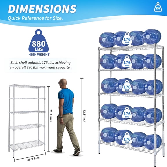 Heavy Duty 5-Tier Shelving Unit, 13.78" D x 35.9" W x 71.7" H Wire Metal Storage Shelf 880Lb Capacity, Chrome