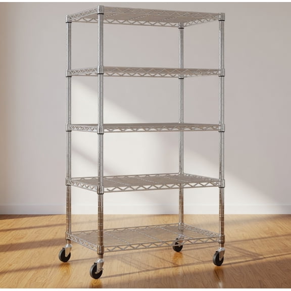 Heavy Duty 5-Tier Wire Shelving Unit with Removable Wheels, Adjustable Metal Rolling Storage Rack for Kitchen, Pantry, Garage, and Home Organization
