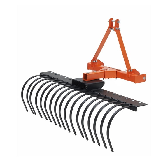 Heavy Duty 50" 3-Point Landscape Rock Rake, 360° Rotating Head, Replaceable Spring Steel Tines, Quick Mount Attachment for Category-0 & Cat-1 Tractors, Ideal for Soil, Lawn