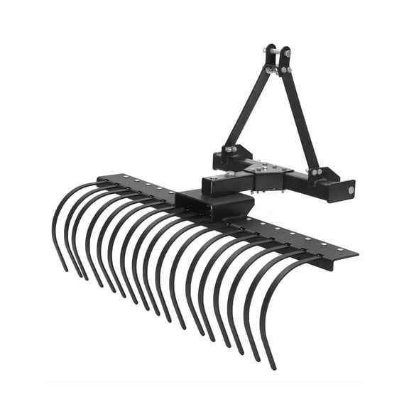 Heavy Duty 50" 3-Point Landscape Rock Rake, 360° Rotating Head, Replaceable Spring Steel Tines, Quick Mount Attachment for Category-0 & Cat-1 Tractors, Ideal for Soil, Lawn