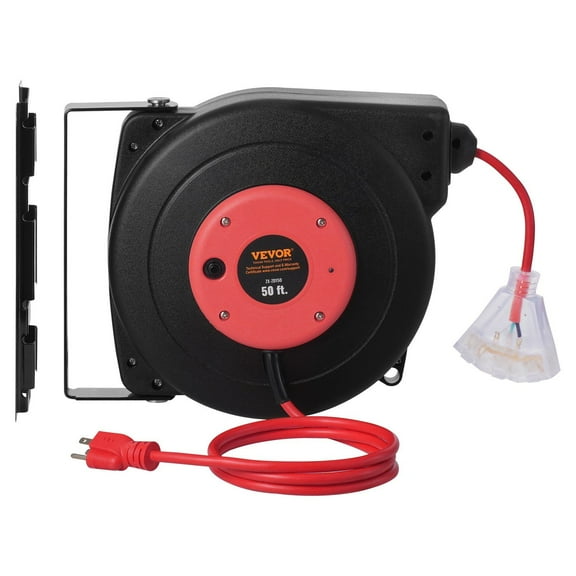 Heavy Duty 50 FT Retractable Extension Cord Reel 14AWG 3C SJTOW Power Cord with Lighted Triple Tap Outlet 13 Amp Circuit Breaker 180 Degree Swivel Bracket for Ceiling or Wall Mount