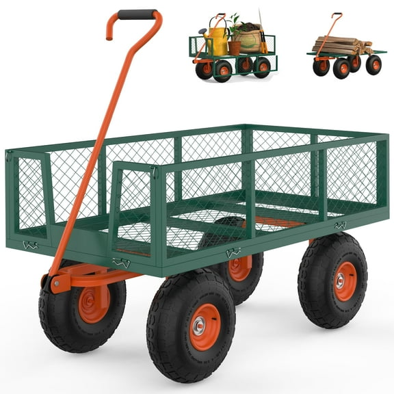 Heavy Duty 500-1400 lbs Steel Garden Cart - 10" All-Terrain Wheels, Removable Mesh Sides, 180° Rotating Handle, Versatile Outdoor Utility Wagon for Lawn, Yard, Farm, Warehouse