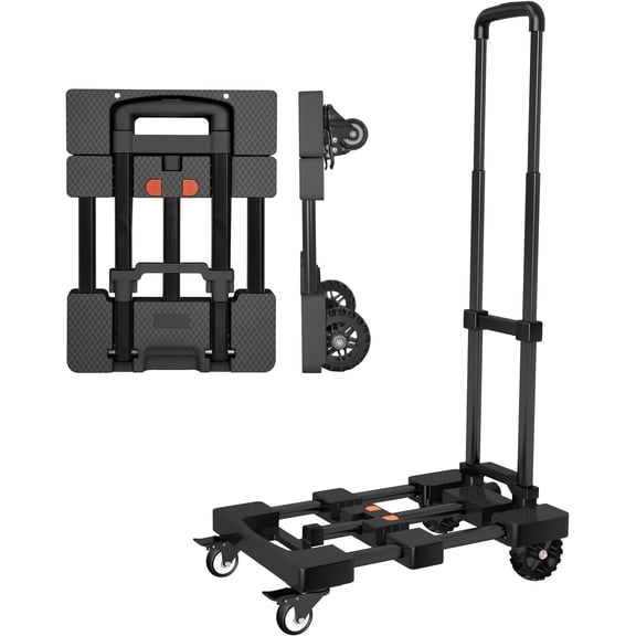 Heavy-Duty 500LB Capacity Hand with - Retractable Handle & Extendable Plate, Portable Collapsible Cart with 4 Wheels w/Brakes Folding Luggage Cart for Travel/ Use, Black