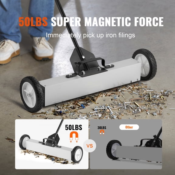 Heavy Duty 50Lbs Magnetic Sweeper Push Type with 24 inch Wide Magnet Telescoping Handle Rolling Design for Workshop Garage Yard Metal Debris Cleanup
