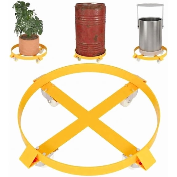 Heavy Duty 55 Gallon Drum Dolly, 1000 LBS Load Capacity Steel Barrel Dolly Cart, Non-Tipping Drum Caddy with 4 Lockable Swivel Casters for Warehouse, Garage & Industrial, Yellow