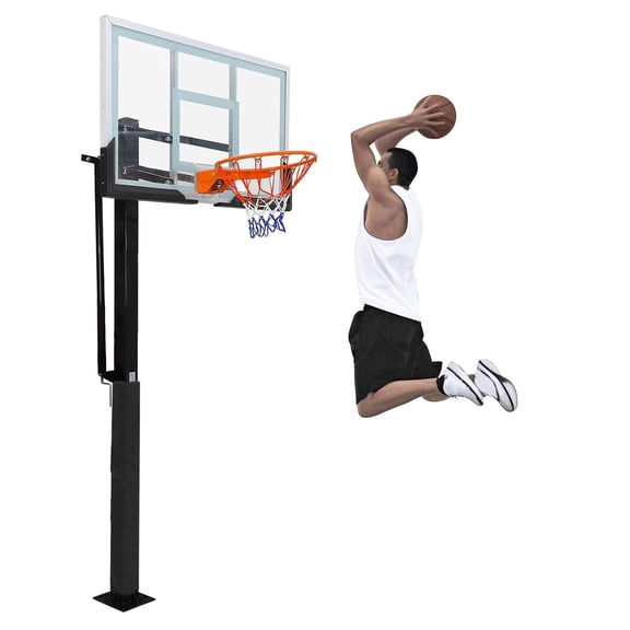 Heavy-Duty 55" Outdoor Basketball Hoop System, Tempered Glass Backboard, 8-10Ft Adjustable Height, in-Ground Pro-Goal with Anti-Impact Base, All-Weather Rustproof Build