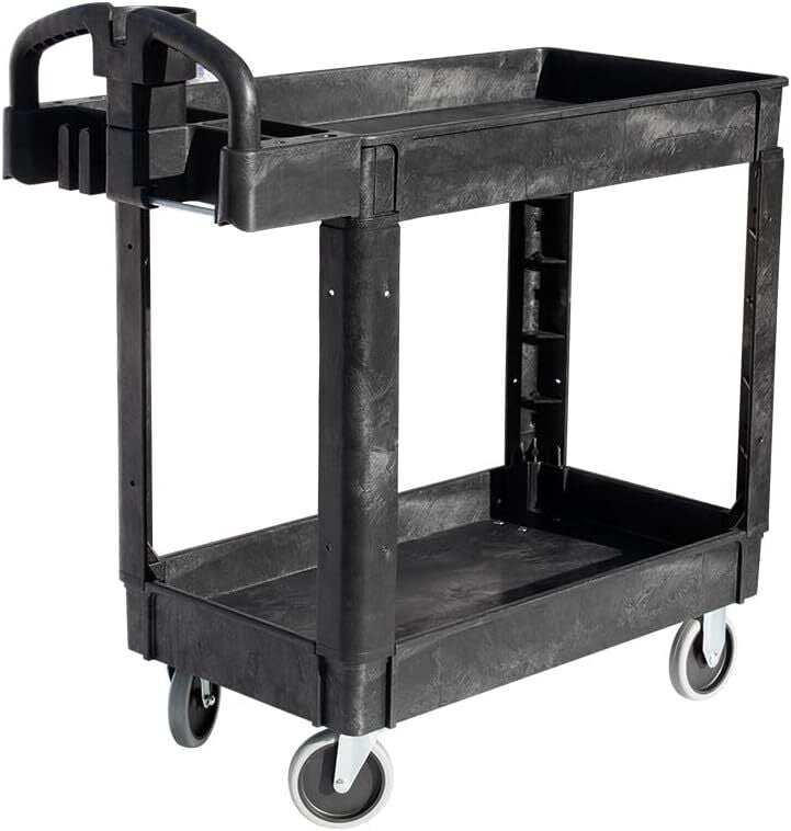 Heavy Duty Black Plastic 2-Shelf Utility Cart with Swivel Wheels