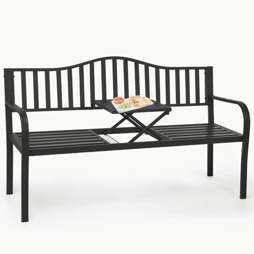 Heavy-Duty 59" Outdoor Bench with Table All-Weather 500lbs Capacity Patio Bench, Rust-Proof Metal Garden Bench for Backyard, Park, Porch 10-Min Assembly$$Garden & Patio