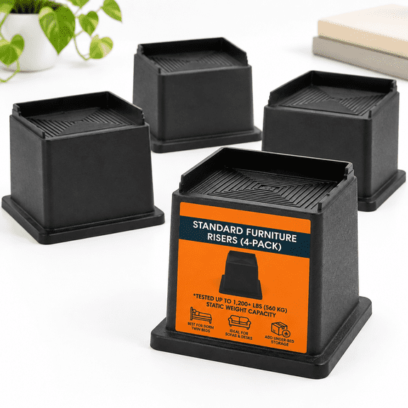 Heavy Duty 6 Inch Black Square Furniture Risers 4-Pack, 1200 Lbs Capacity